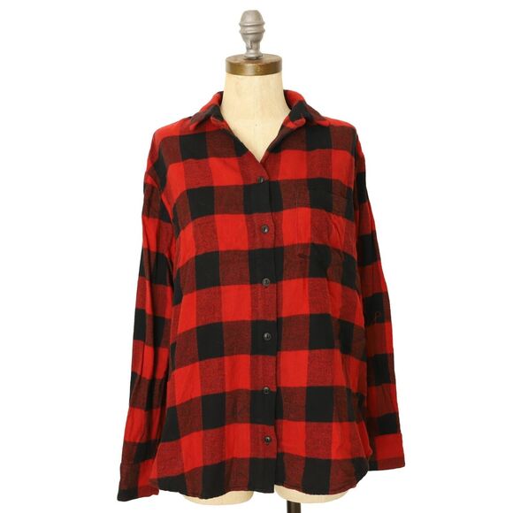 MADEWELL Plaid Fleece Oversized Button Down Shirt S Red Black Lumberjack EUC B85 - Picture 2 of 6